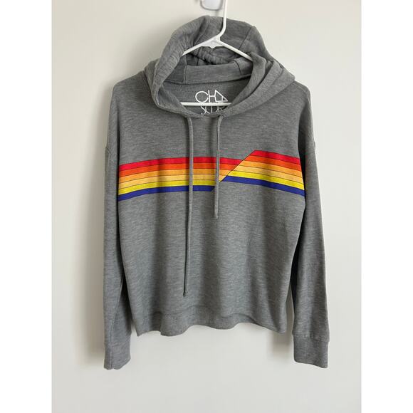 Chaser Gray Rainbow Stripe Cropped Pullover Hoodie - Medium - Picture 3 of 9